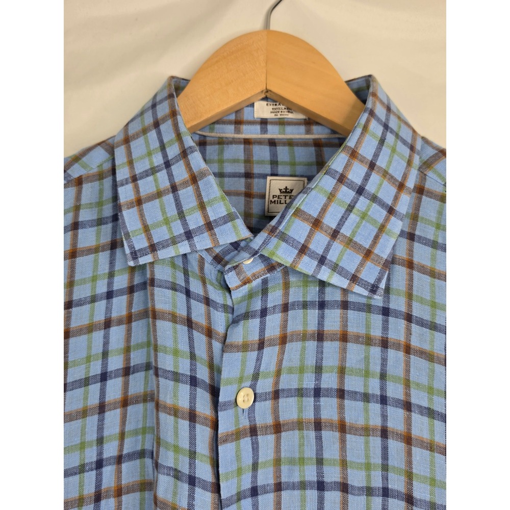 Peter Millar Mens XL Blue Plaid 100% Linen Long Sleeve Button Down Shirt - Picture 4 of 8